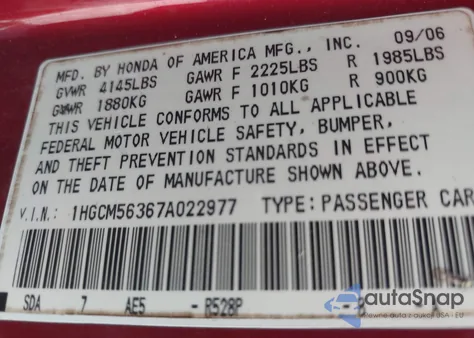 2007 Honda Accord 2.4 Se z USA, uszkodzony, nr VIN 1HGCM56367A022977